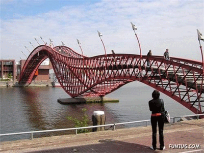 One of Amsterdam's red steel Borneo Sporenburg Bridges 
