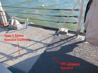 In 2011, the Naval Research Laboratory was testing nonskid siloxane-treated deck coatings. Now, NRL is looking at other topside systems.