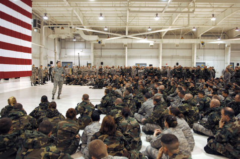 Team Whiteman members attended a talk by Chief Master Sgt. Rodney J. McKinley, Chief Master Sergeant of the Air Force, at the 442nd Fighter Wing five-bay hangar April 8.